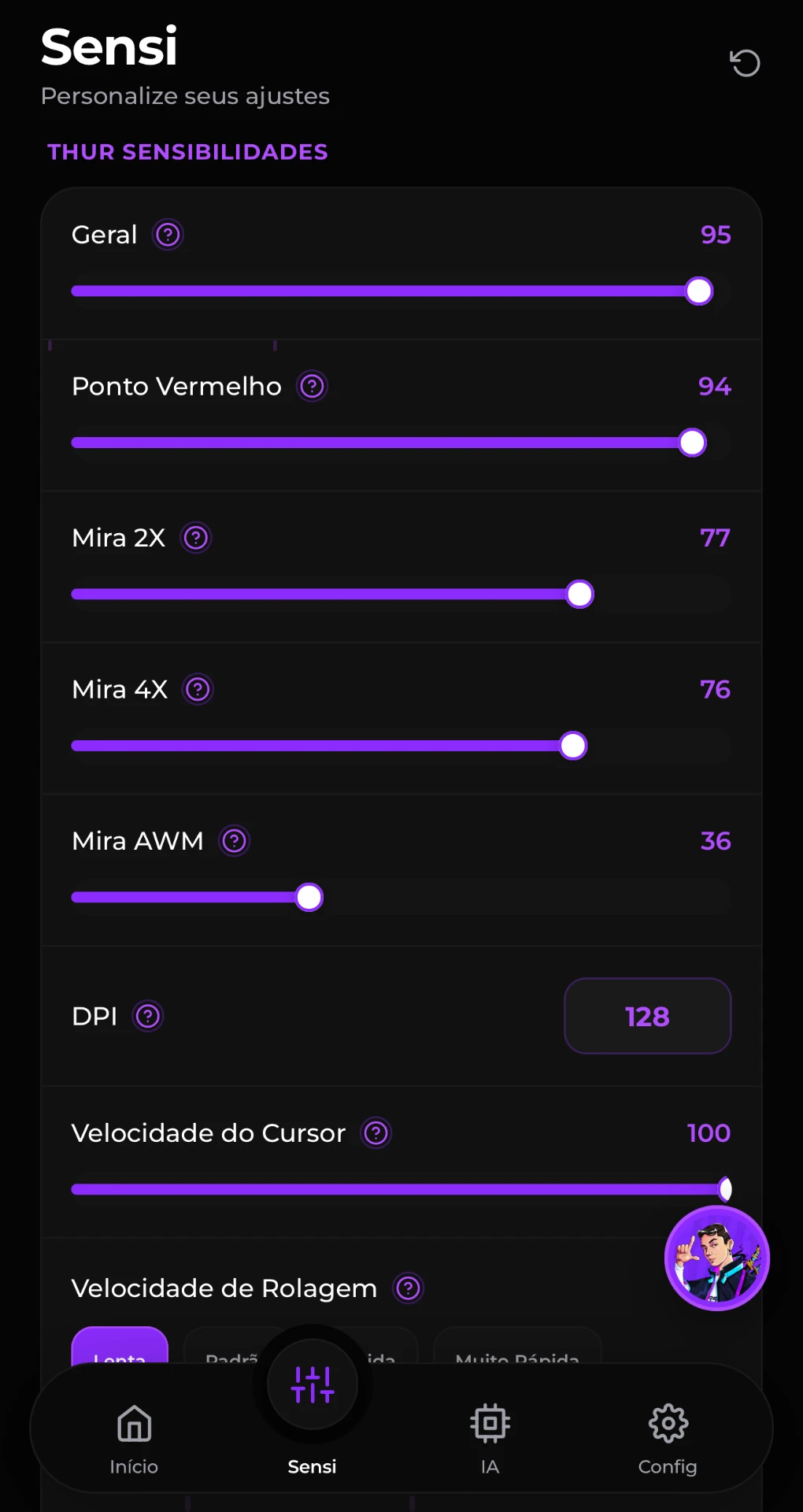 Tela de sensibilidades do aplicativo Thur Sensi