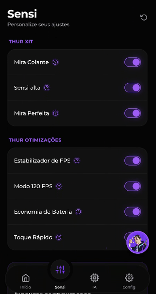 Tela de recursos avançados e otimizações do Thur Sensi